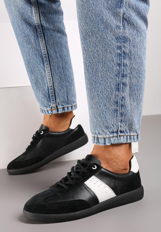 Czarno-Białe Skórzane Płaskie Sneakersy Wykończone Przeszyciami Milonara 2