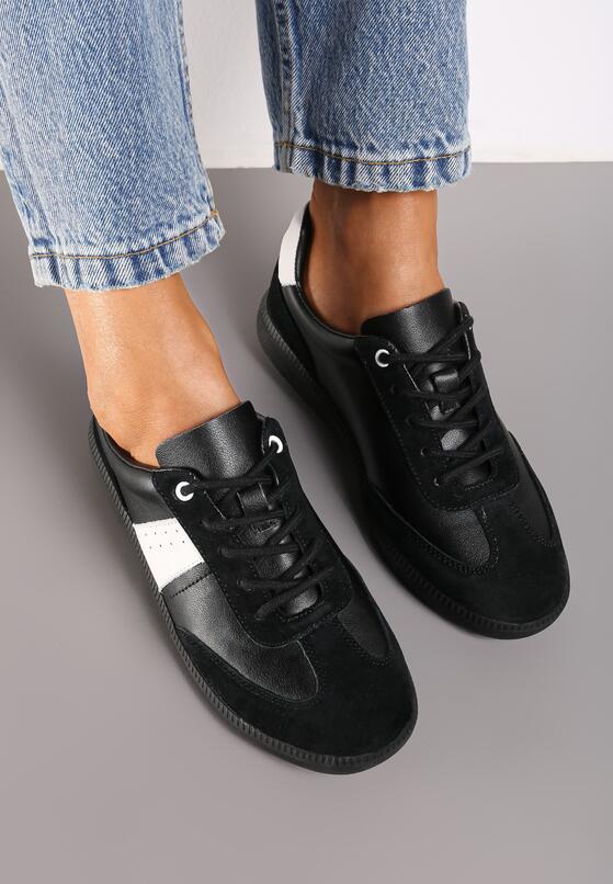Czarno-Białe Skórzane Płaskie Sneakersy Wykończone Przeszyciami Milonara 3