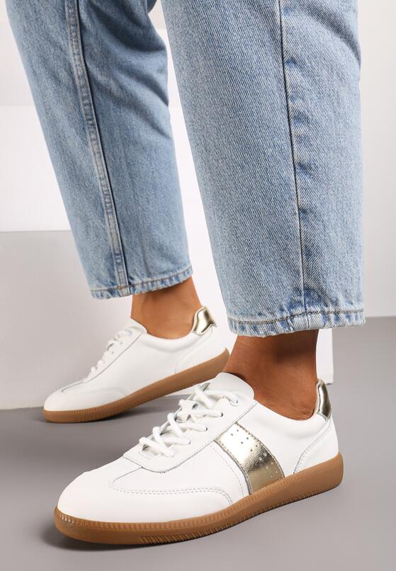 Biało-Złote Skórzane Płaskie Sneakersy Wykończone Przeszyciami Milonara 1