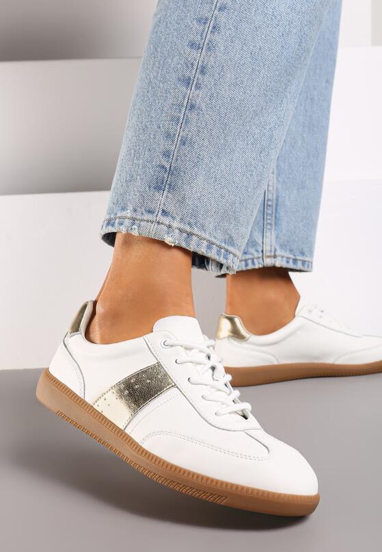 Biało-Złote Skórzane Płaskie Sneakersy Wykończone Przeszyciami Milonara 3