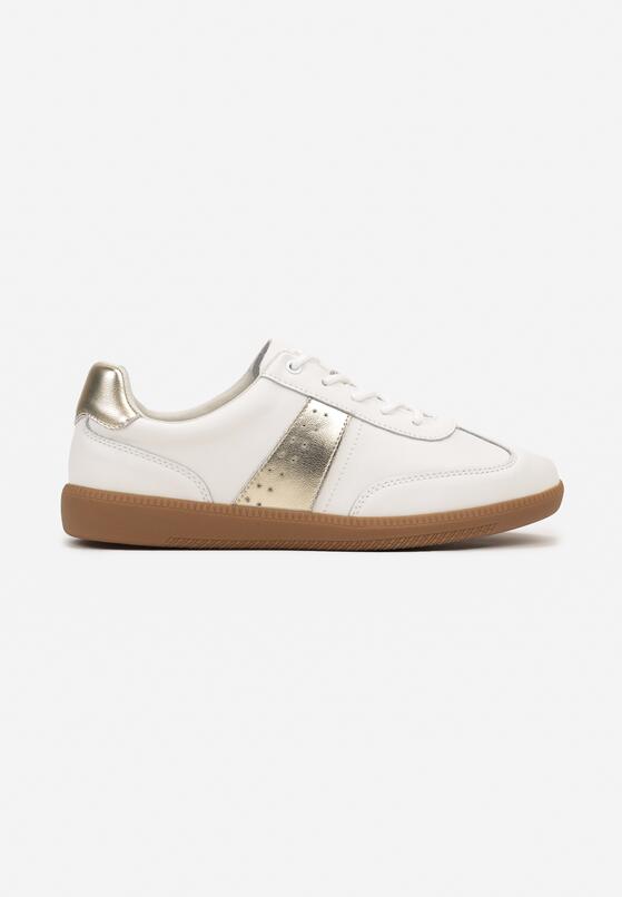 Biało-Złote Skórzane Płaskie Sneakersy Wykończone Przeszyciami Milonara 4