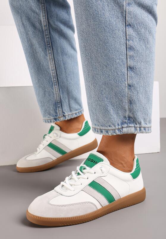 Biało-Zielone Płaskie Skórzane Sneakersy Ozdobione Paskami Navilen 1