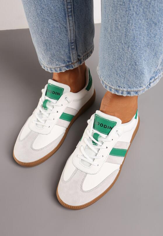 Biało-Zielone Płaskie Skórzane Sneakersy Ozdobione Paskami Navilen 3