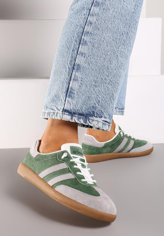 Zielono-Szare Płaskie Skórzane Sneakersy Ozdobione Paskami Navilen 2