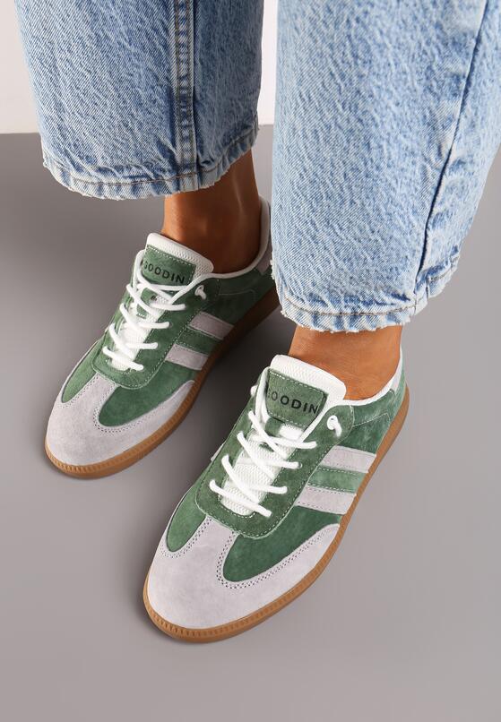Zielono-Szare Płaskie Skórzane Sneakersy Ozdobione Paskami Navilen 3