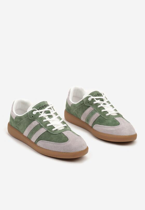 Zielono-Szare Płaskie Skórzane Sneakersy Ozdobione Paskami Navilen 5