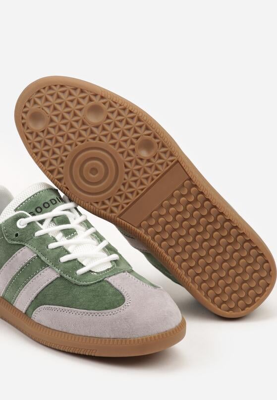 Zielono-Szare Płaskie Skórzane Sneakersy Ozdobione Paskami Navilen 6