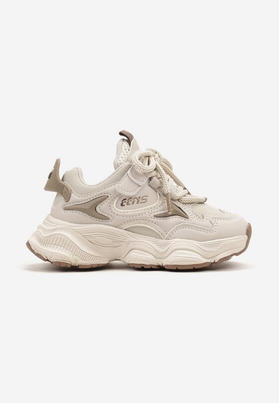 Beżowe Płaskie Sznurowane Buty Sportowe Sneakersy z Geometrycznym Zdobieniem na Rzep Navalora 1