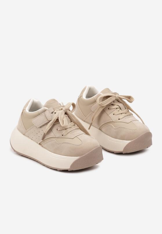 Ciemnobeżowe Sznurowane Buty Sportowe Sneakersy na Grubej Podeszwie z Geometrycznym Wzorem Esemaria 2