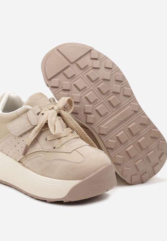 Ciemnobeżowe Sznurowane Buty Sportowe Sneakersy na Grubej Podeszwie z Geometrycznym Wzorem Esemaria 3