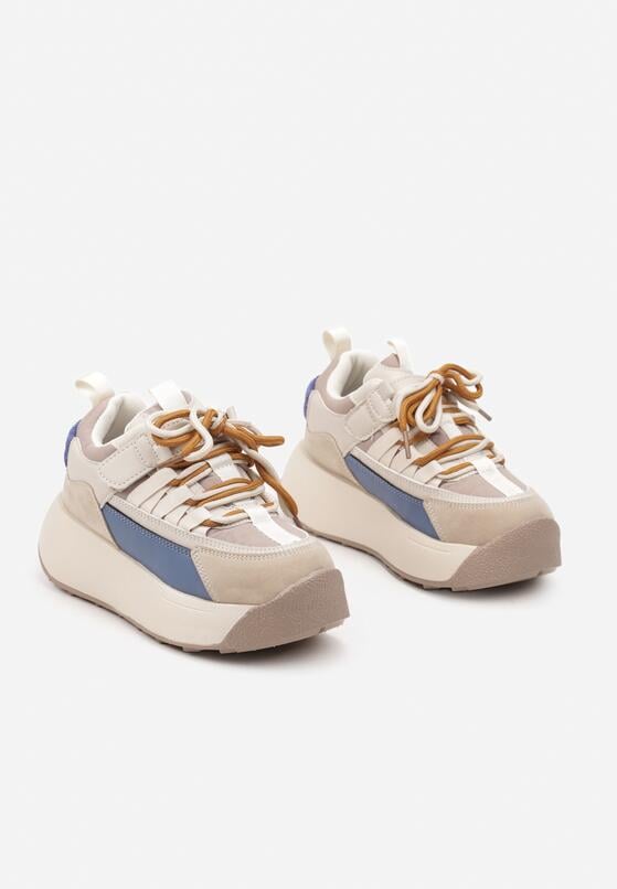 Ciemnobeżowe Sznurowane Buty Sportowe Sneakersy na Grubej Podeszwie Ozdobione Paskami Petaria 2