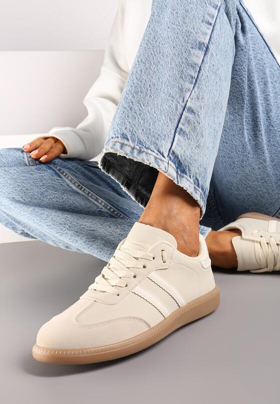 Beżowe Płaskie Sneakersy Ozdobione Paskami Glaria 1