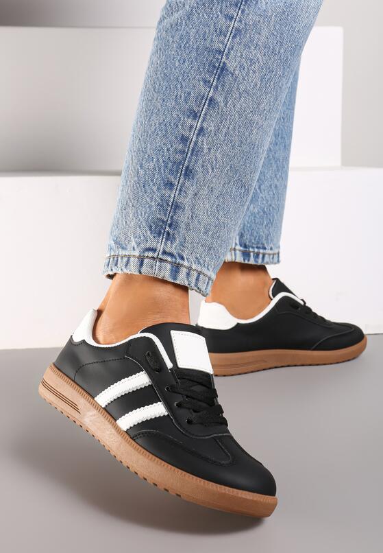Czarne Płaskie Sznurowane Sneakersy z Paskami Evily 2
