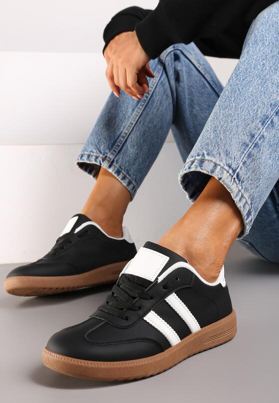 Czarne Płaskie Sznurowane Sneakersy z Paskami Evily 1
