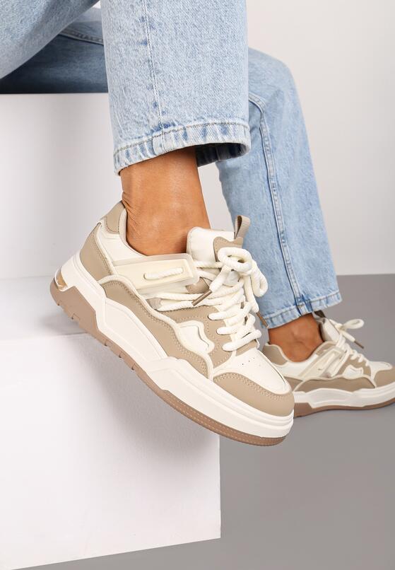 Ciemnobeżowe Płaskie Sneakersy z Geometrycznym Zdobieniem Evithia 2