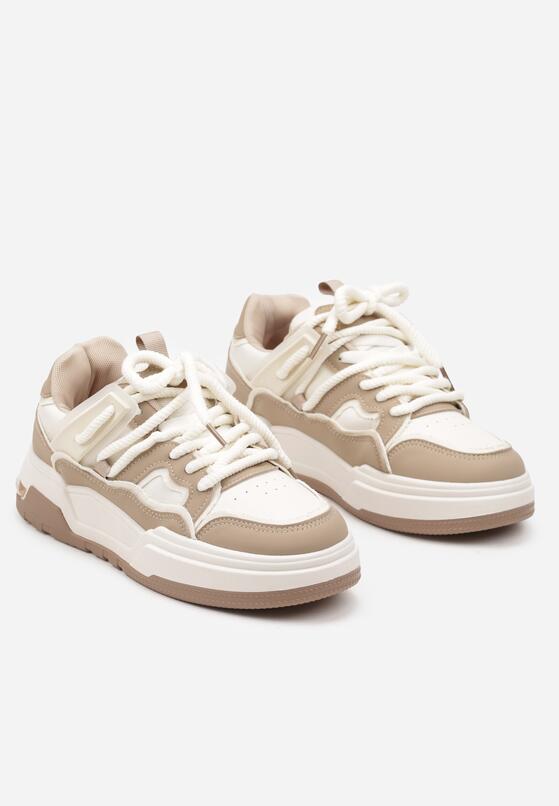 Ciemnobeżowe Płaskie Sneakersy z Geometrycznym Zdobieniem Evithia 5