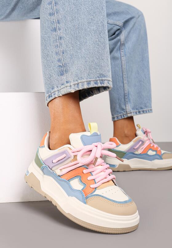 Beżowo-Różowe Płaskie Sneakersy z Geometrycznym Zdobieniem Evithia 2