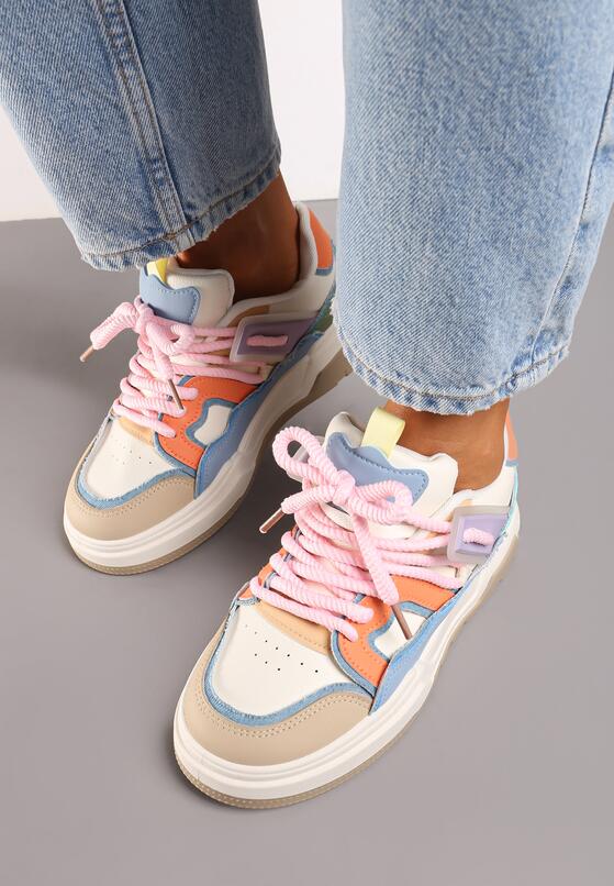 Beżowo-Różowe Płaskie Sneakersy z Geometrycznym Zdobieniem Evithia 3