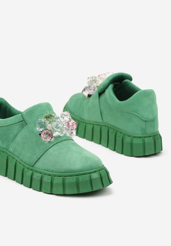 Zielone Wsuwane Sneakersy z Kolorowymi Kryształkami Phedara 6