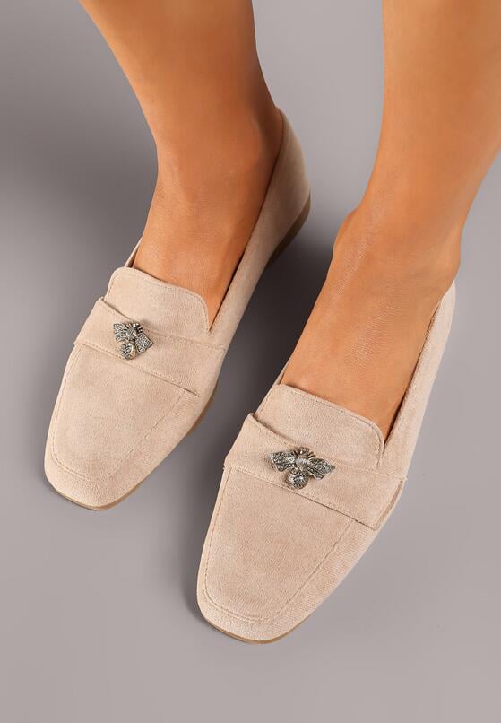 Ciemnobeżowe Płaskie Mokasyny Ozdobione Aplikacją 3D Evinda 2