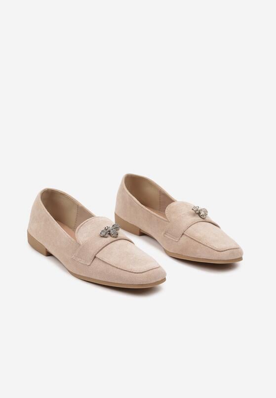 Ciemnobeżowe Płaskie Mokasyny Ozdobione Aplikacją 3D Evinda 5