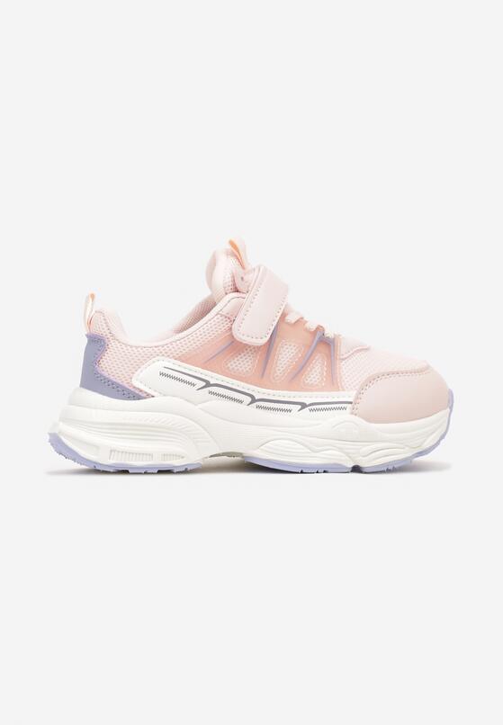 Różowe Płaskie Buty Sportowe Sneakersy na Rzep z Geometrycznym Wzorem Ceniefra 1