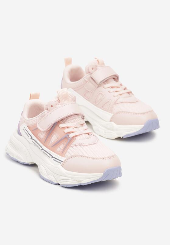 Różowe Płaskie Buty Sportowe Sneakersy na Rzep z Geometrycznym Wzorem Ceniefra 2