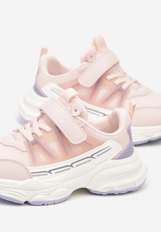 Różowe Płaskie Buty Sportowe Sneakersy na Rzep z Geometrycznym Wzorem Ceniefra 3