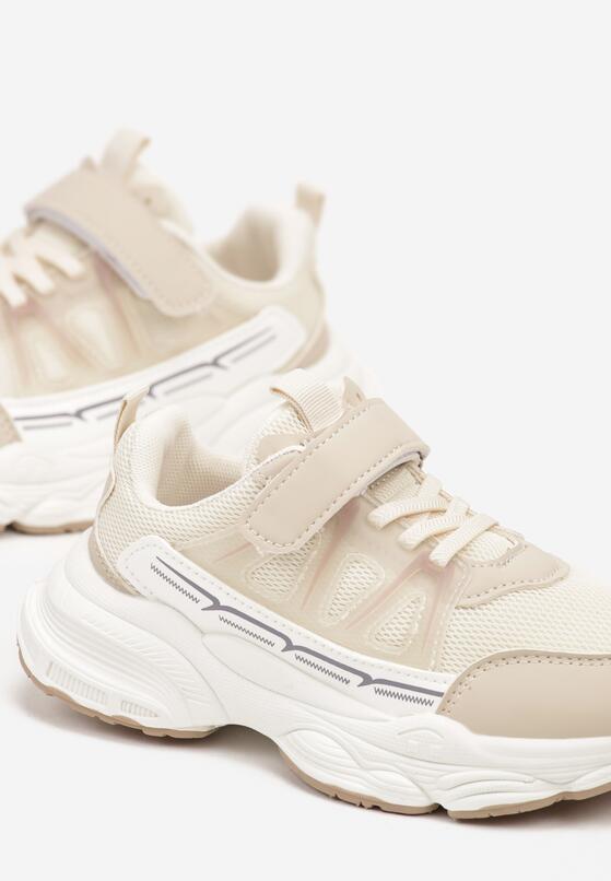 Beżowe Płaskie Buty Sportowe Sneakersy na Rzep z Geometrycznym Wzorem Ceniefra 3