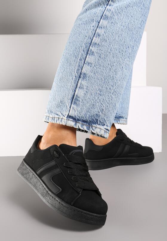 Czarne Sznurowane Sneakersy na Płaskiej Podeszwie Ozdobione Paskami Nevirenna 2