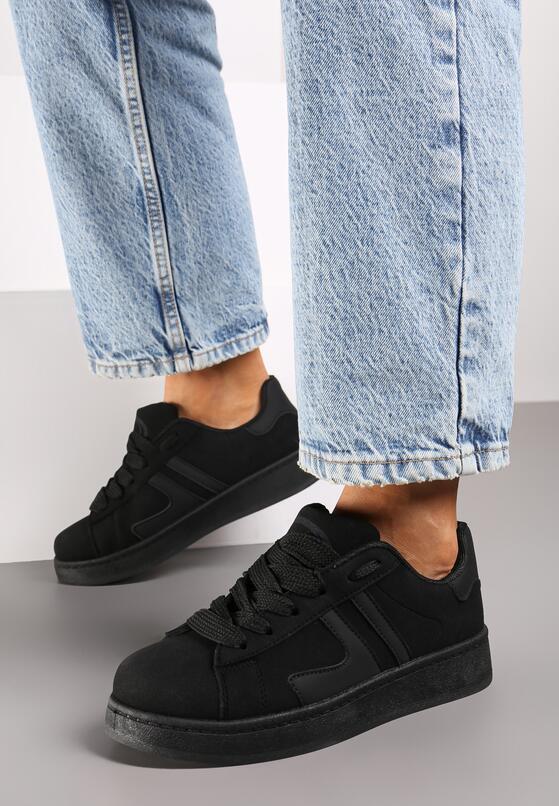 Czarne Sznurowane Sneakersy na Płaskiej Podeszwie Ozdobione Paskami Nevirenna 3