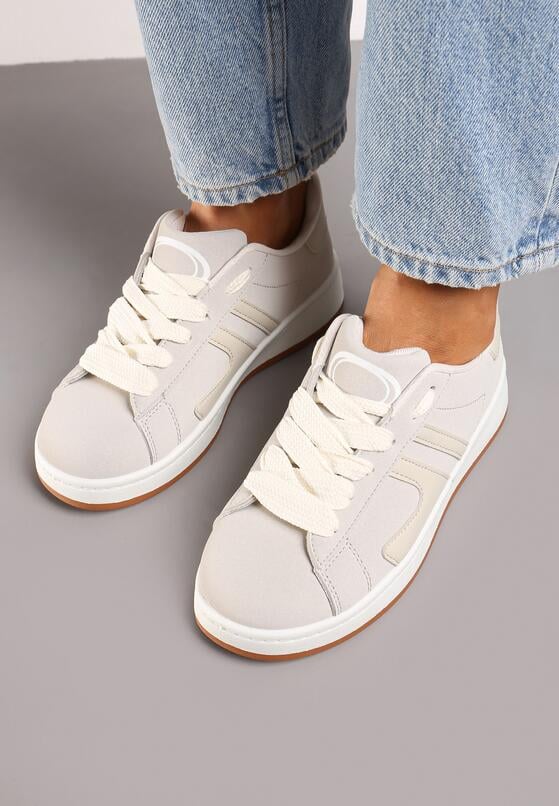 Beżowe Płaskie Sznurowane Sneakersy z Geometrycznym Wzorem Neviselle 3