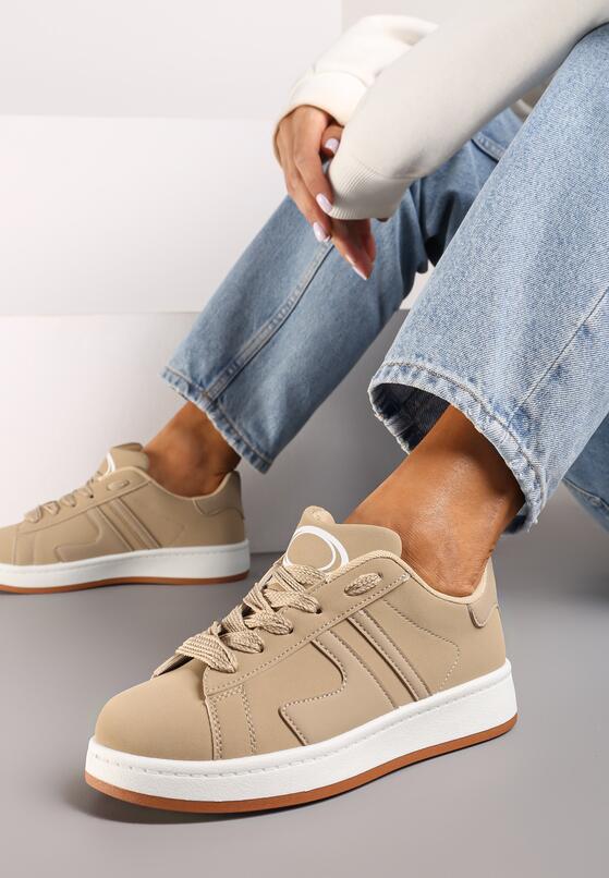Ciemnobeżowe Płaskie Sznurowane Sneakersy z Geometrycznym Wzorem Neviselle 2
