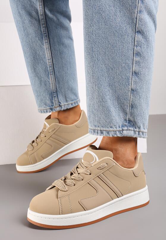 Ciemnobeżowe Płaskie Sznurowane Sneakersy z Geometrycznym Wzorem Neviselle 3
