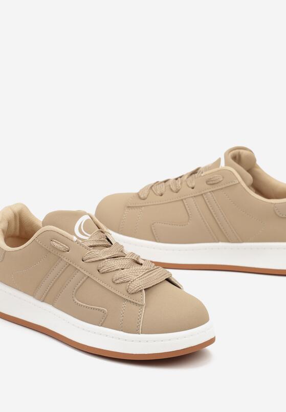 Ciemnobeżowe Płaskie Sznurowane Sneakersy z Geometrycznym Wzorem Neviselle 6
