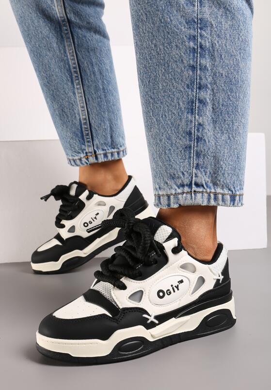 Czarno-Białe Płaskie Sneakersy z Szerokimi Sznurowadłami Teniefra 2