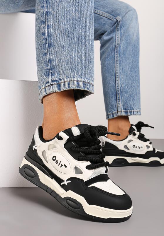 Czarno-Białe Płaskie Sneakersy z Szerokimi Sznurowadłami Teniefra 1