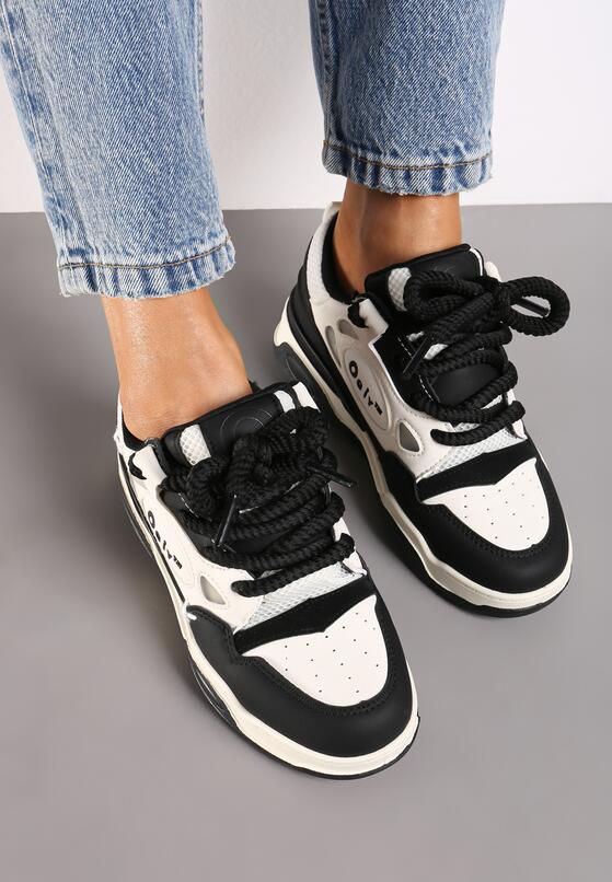 Czarno-Białe Płaskie Sneakersy z Szerokimi Sznurowadłami Teniefra 3