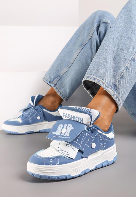 Niebieskie Płaskie Sznurowane Sneakersy z Napisami Friefra 1