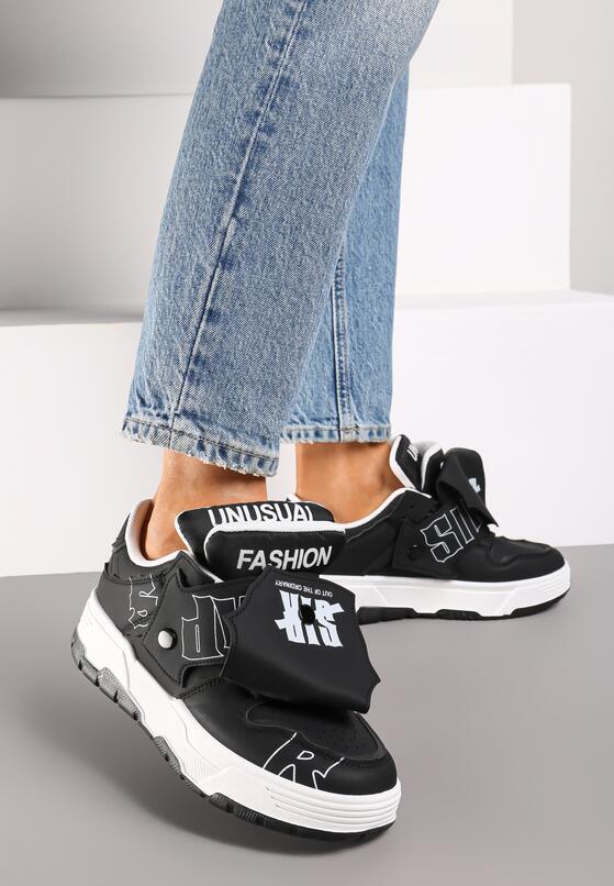 Czarne Płaskie Sznurowane Sneakersy z Napisami Friefra 1