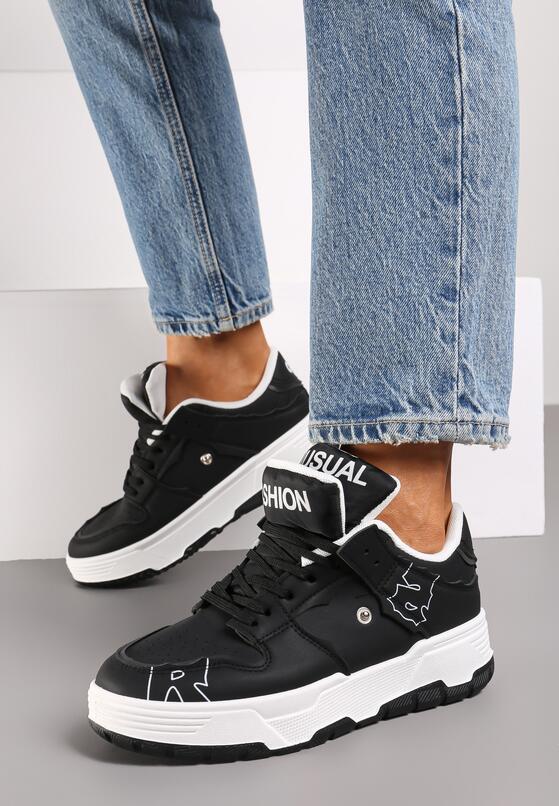 Czarne Płaskie Sznurowane Sneakersy z Napisami Friefra 3