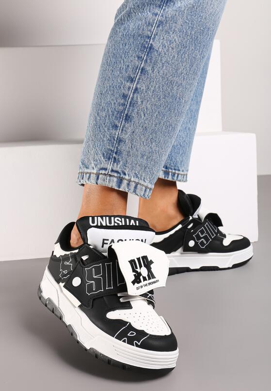 Czarno-Białe Płaskie Sznurowane Sneakersy z Napisami Friefra 2