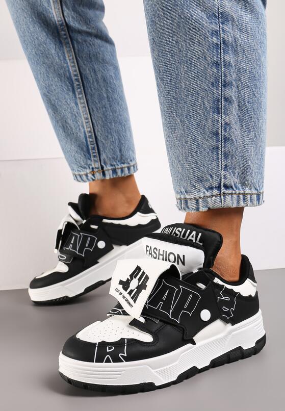 Czarno-Białe Płaskie Sznurowane Sneakersy z Napisami Friefra 1