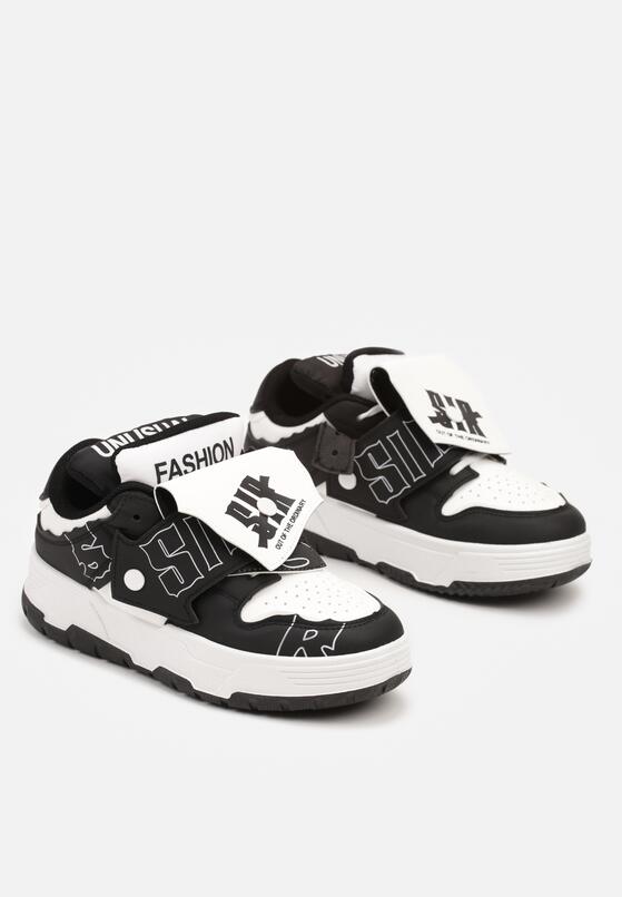 Czarno-Białe Płaskie Sznurowane Sneakersy z Napisami Friefra 5