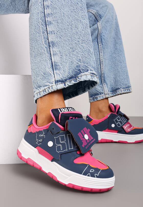 Granatowo-Różowe Płaskie Sznurowane Sneakersy z Napisami Friefra 2