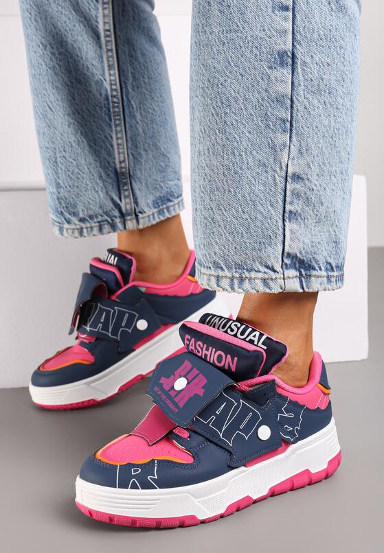 Granatowo-Różowe Płaskie Sznurowane Sneakersy z Napisami Friefra 1