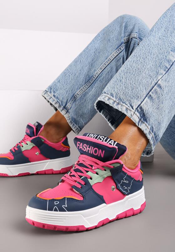 Granatowo-Różowe Płaskie Sznurowane Sneakersy z Napisami Friefra 3