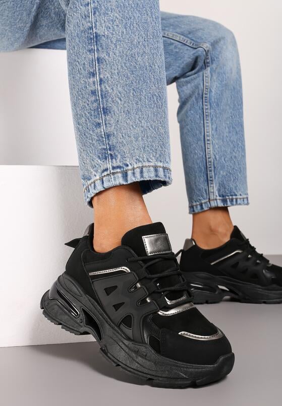 Czarne Sneakersy na Grubej Podeszwie na Tłoczonej Podeszwie Velariel 2