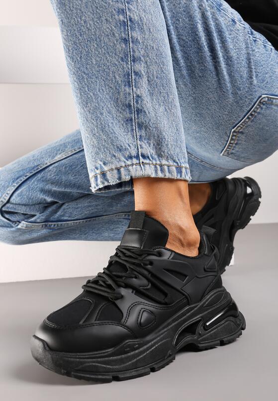 Czarne Sneakersy na Grubej Podeszwie z Tłoczeniami Nevalin 1