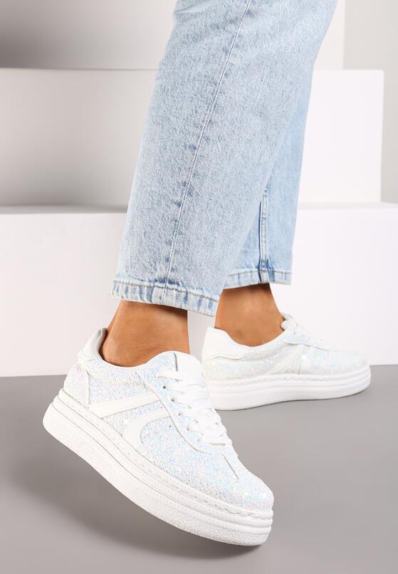 Białe Sneakersy na Grubej Podeszwie z Ozdobnym Brokatem Nevisala 2